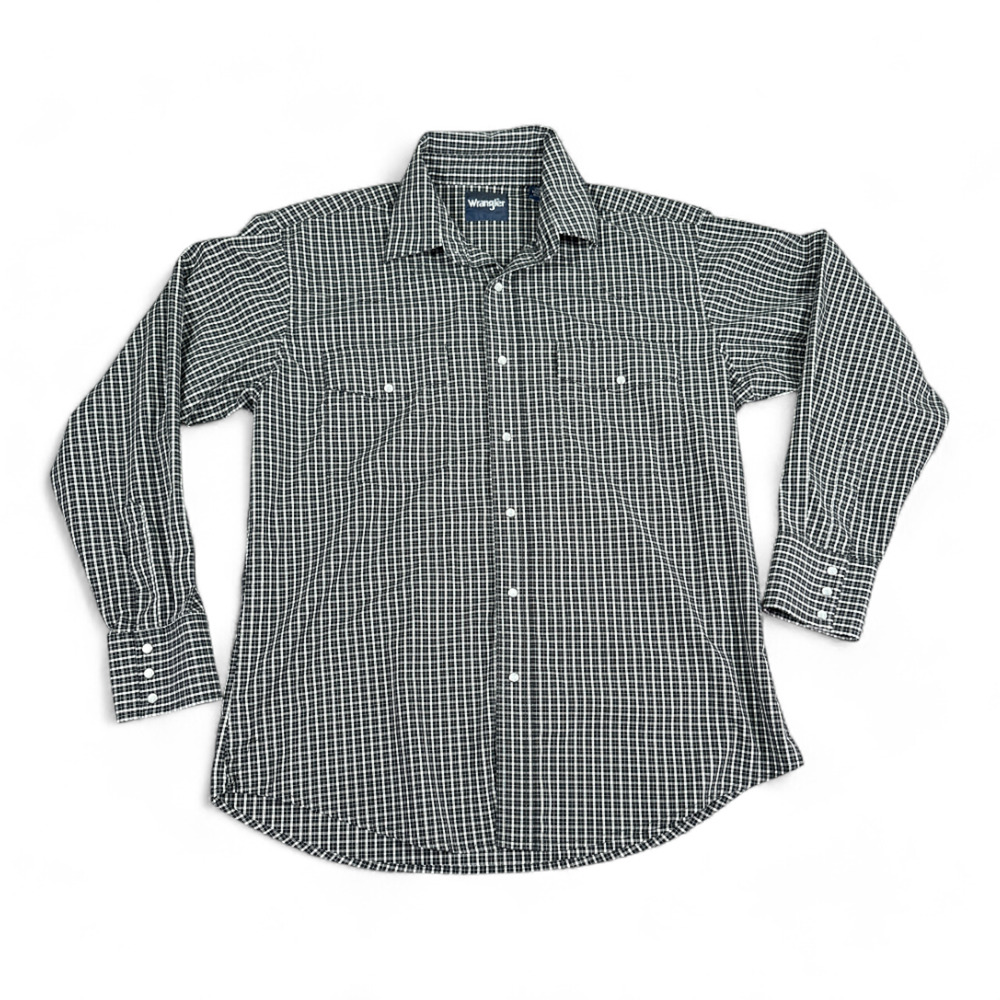 Wrangler Western Shirt Adult LARGE Black White Plaid Windowpane Pearl Snap